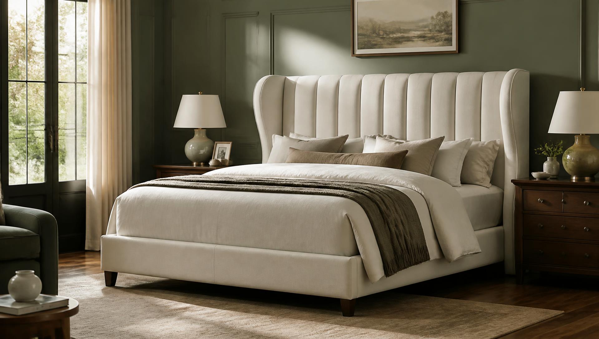 Cream channel tufted wingback upholstered bed in a sage green bedroom
