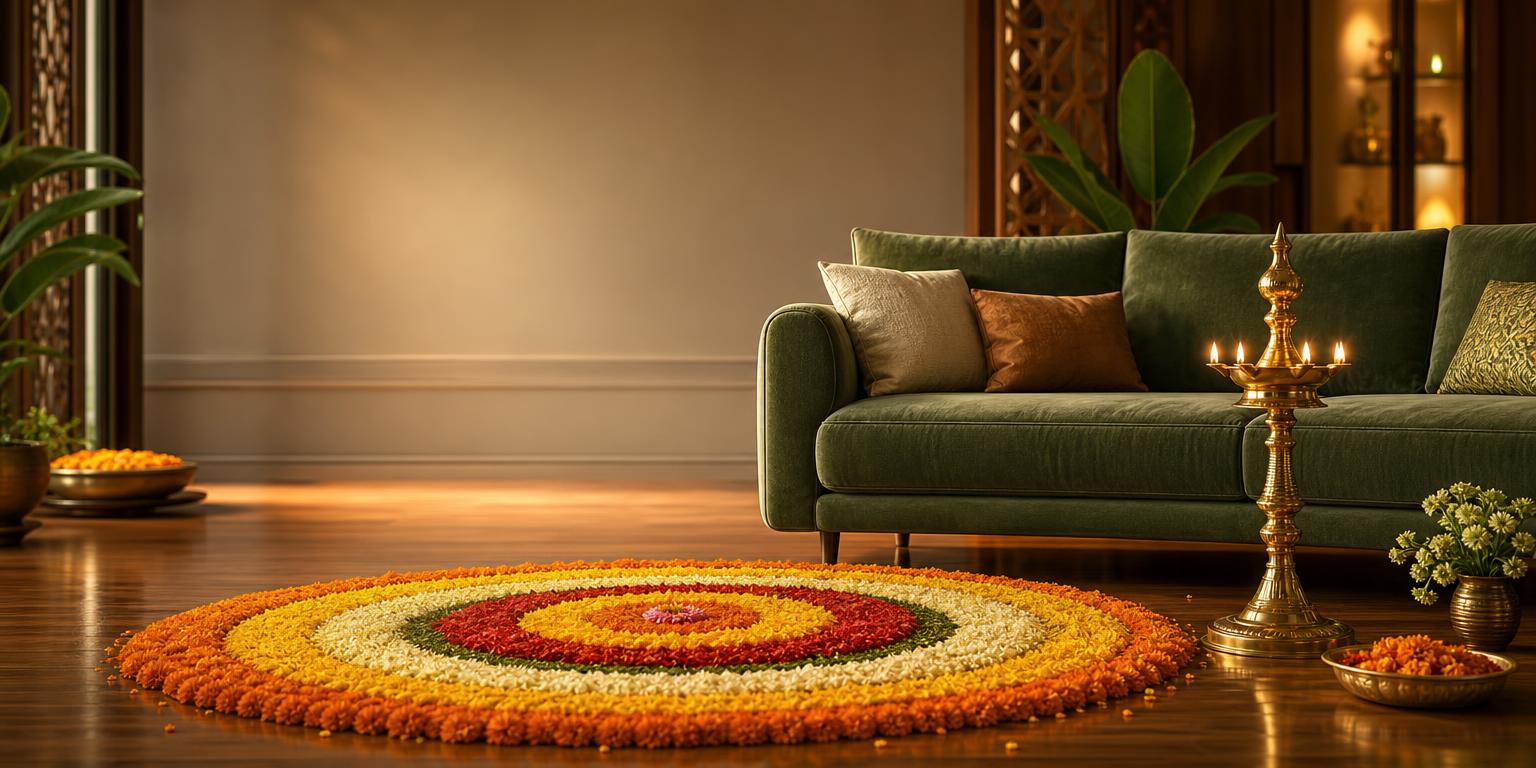 Onam festival offer at Edit Furniture with traditional pookalam and luxury sofa