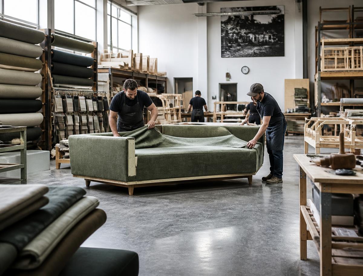 Artisans upholstering a sofa frame inside the Edit Furniture workshop